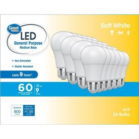 A19 LED Light Bulbs, 60 Watts Eqv, Soft White, General Purpose, 9yr, Medium Base, 24 pack
